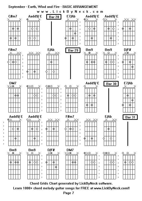 Chord Grids Chart of chord melody fingerstyle guitar song-September - Earth, Wind and Fire - BASIC ARRANGEMENT,generated by LickByNeck software.